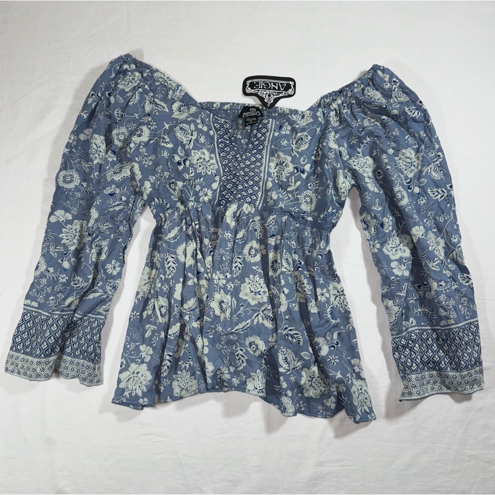 NWT‎ Boho Babydoll Top Angie Blue Floral Bell Sleeve Peplum Womens Large
